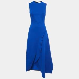 Victoria Beckham Blue Crepe Ruffled Sleeveless Midi Dress M