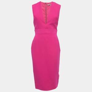 Victoria Beckham Pink Silk & Wool Deep Neck Sleeveless Midi Dress M