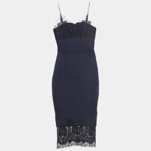 Victoria Beckham Navy Blue Pinstriped Wool Lace-Trimmed Midi Dress S