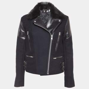 Pre Owned Victoria Beckham Navy Blue Fur and Leather Trim Wool Biker Jacket S