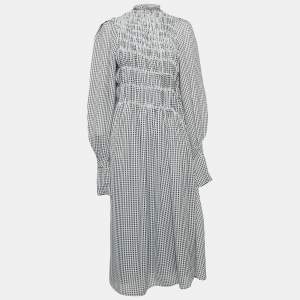 Victoria Beckham Black/White Gingham Crepe Shirred Seersucker Midi Dress s