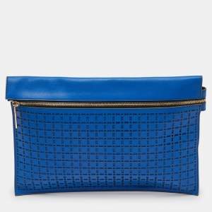 Victoria Beckham Blue Laser Cut Leather Large Zip Pouch