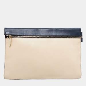 Victoria Beckham Light Beige/Blue Leather Clutch