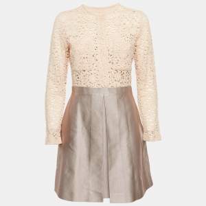 Pre Owned Victoria Victoria Beckham Beige Lace and Textured Crepe Short Dress M