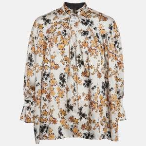 Victoria Victoria Beckham Off-White Floral Print Satin Ruffled Top S