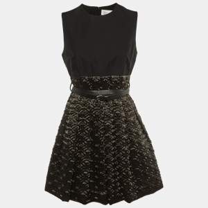 Victoria Victoria Beckham Black Textured Organza Belted Dress M