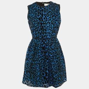 Pre Owned Victoria Victoria Beckham Blue/Black Leopard Pattern Devore Sleeveless Dress M