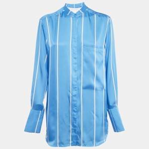 مملوكة مسبقًا Victoria Victoria Beckham Blue Striped Satin Long Sleeve Shirt M