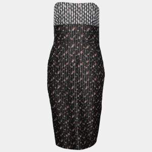 Pre Owned Victoria Beckham Black Floral Printed Jacquard Organza Strapless Dress L