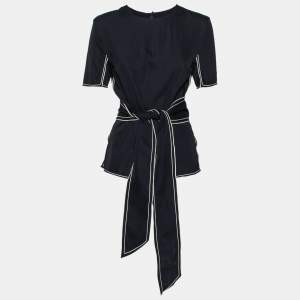 Pre Owned Victoria Victoria Beckham Navy Blue Crepe Contrast Trimmed Belted Top S