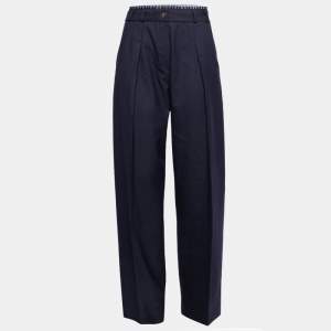 Pre Owned Victoria Victoria Beckham Midnight Blue Wool Logo Tape Trim Detail Straight Leg Pants S