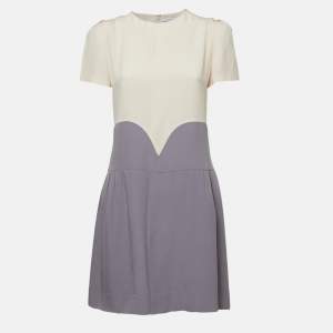 Victoria Victoria Beckham Cream/Grey Crepe Puff Sleeve Mini Dress M