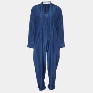 Victoria Victoria Beckham Navy Blue Silk & Cotton V-Neck Jumpsuit M