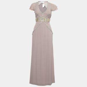Viktor & Rolf Soir Mauve Silk Crystal Embellished Layered Flutter Sleeve Evening Gown S