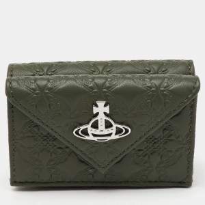 Vivienne Westwood Olive Green Monogram Embossed Leather Envelope Billfold Small Frame Wallet