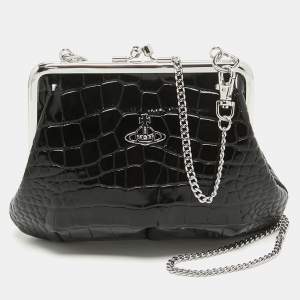 Vivienne Westwood Black Croc Embossed Leather Granny Frame Chain Clutch