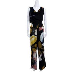 Vivienne Westwood Anglomania Black Leaf Printed Draped Tie Detail Jumpsuit S