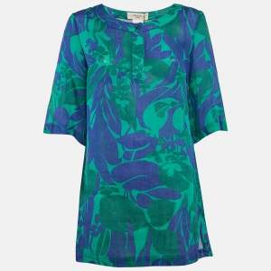Weekend Max Mara Green/Blue Floral Print Ramie Buttoned Tunic S