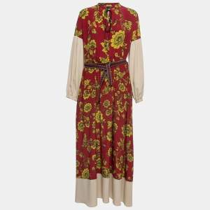 Weekend Max Mara Red Printed Silk Belted Maxi Dress L