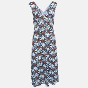 Weekend Max Mara Blue Printed Crepe V-Neck Midi Dress M