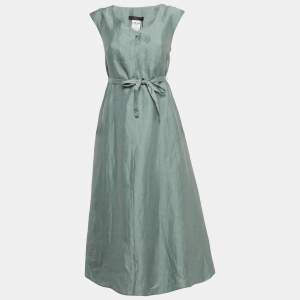 Weekend Max Mara Green Linen Blend Belted Gordon Midi Dress