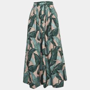 Weekend Max Mara Green Leaf Printed Cotton Pleated Eguale Midi Skirt S