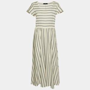 Weekend Max Mara White Striped Stretch Cotton Flared Maxi Dress L