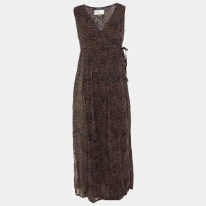 Pre Owned Weekend Max Mara Black /Brown Printed Crepe Wrap Around Sheer Maxi Dress M