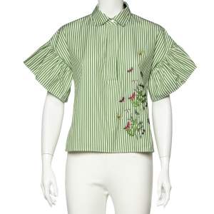 Weekend Max Mara Green Striped Cotton Butterfly Embroidered Top S