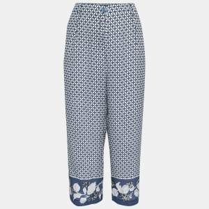 Weekend Max Mara Indigo & White Printed Silk Palazzo Trousers M