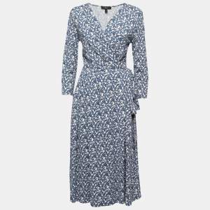 Weekend Max Mara Blue Floral Printed Jersey Wrap Midi Dress M