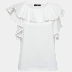 Weekend Max Mara White Cotton Ruffled Sleeveless Top XL