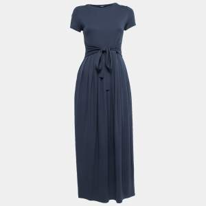 Weekend Max Mara Navy Blue Knit Short Sleeve Waist Tie Detail Pleated Maxi Dress XS