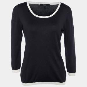 Weekend Max Mara Black Wool Knit Contrast Detail Round Neck Top L
