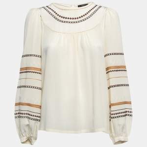 Weekend Max Mara Cream Silk Embroidered Long Sleeve Blouse M