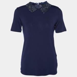 Weekend Max Mara Navy Blue Knit Embellished Neck T-Shirt S