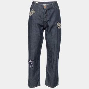 Weekend Max Mara Navy Blue Denim Embellished Bow Detail Cropped Boyfriend Jeans L Waist 34" 