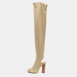 Yeezy Season 5 Beige Knit Fabric  Over The Knee Length Boots Size 37.5