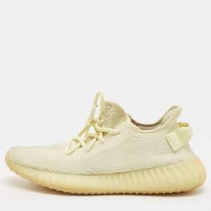 Pre Owned Yeezy x Adidas Light Yellow Knit Fabric Boost 350 V2 Butter Sneakers Size 38 2/3