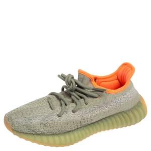 Pre Owned Yeezy x Adidas Green/Grey Cotton Knit Fabric Boost 350 V2 Desert Sage Reflective Sneakers Size 37