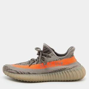 Pre Owned Yeezy x Adidas Grey/Orange Knit Fabric Boost 350 V2 Beluga Reflective Sneakers Size 39 1/3