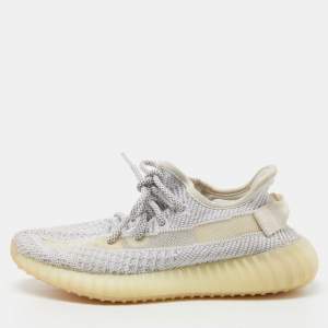 Pre Owned Yeezy x Adidas White/Grey Knit Fabric Boost 350 V2 Static Reflective Sneakers Size 37 1/3 