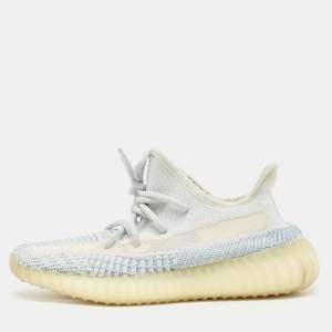 Pre Owned Yeezy x Adidas Blue/White Knit Fabric Boost 350 V2 Cloud-White Sneakers Size 36