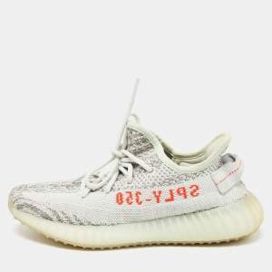 Pre Owned Yeezy x Adidas Grey/Blue Knit Fabric Boost 350 V2 Blue Tint Sneakers Size 37 1/3