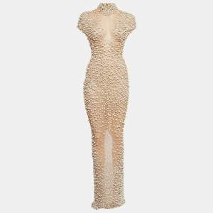 Yousef Al Jasmi Cream Pearl Embellished Tulle Sheer Evening Dress S