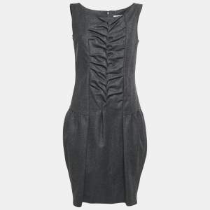 Yves Saint Laurent Dark Grey Wool Smock Detail Sleeveless Mini Dress M