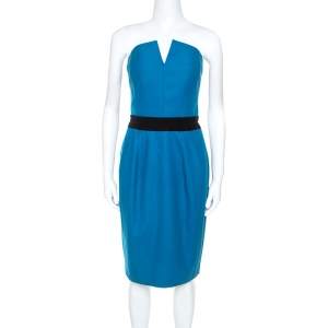 Pre Owned Yves Saint Laurent Teal Wool Strapless Dress S