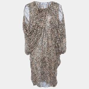 Pre Owned Yves Saint Laurent Brown Printed Silk Draped Midi Dress L