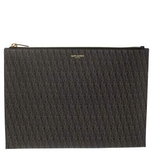 مملوكة مسبقًا Saint Laurent Brown Coated Canvas Monogram Zip Pouch