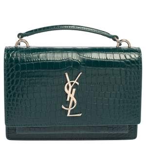 Pre Owned Saint Laurent Green Croc Embossed Leather Sunset Crossbody Bag